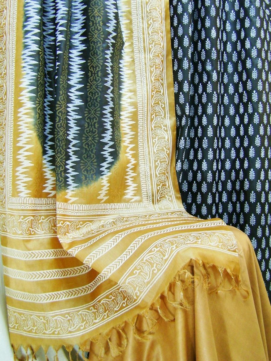 Block Printed Tussar Silk Suit with Tussar Dupatta_Black_Cream