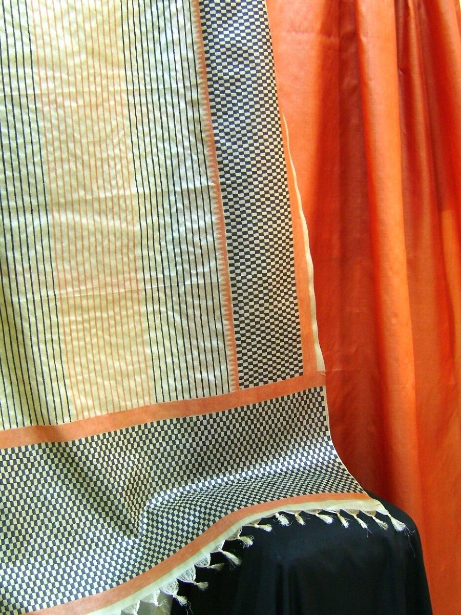Block Printed Tussar Silk Suit with Tussar Dupatta_Rusty Brown