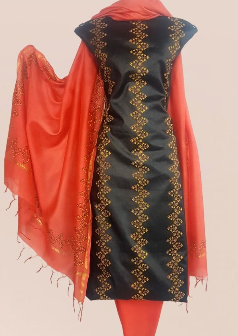 Block Printed Tussar Silk Suit with Chanderi Dupatta_Black orange