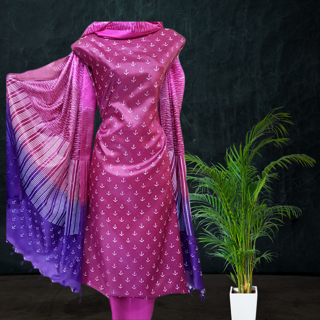Block Printed Tussar Silk Suit -Pink
