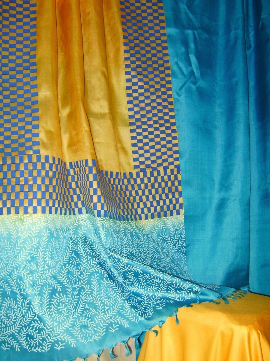 Block Printed Tussar Silk Suit with Tussar Dupatta_Blue