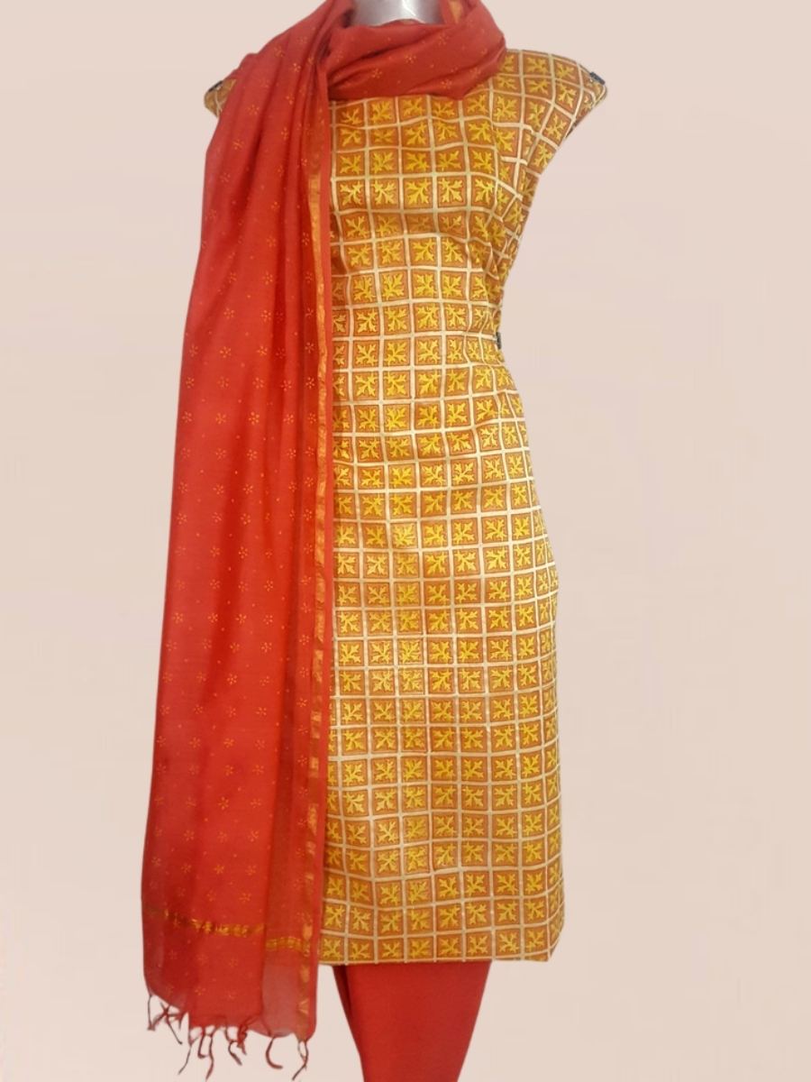 Block printed 3-piece set with Tussar Silk top, Chanderi Silk block printed dupatta, and Staple Silk pant.