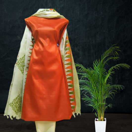 Hand Block Printed Tussar Silk suit