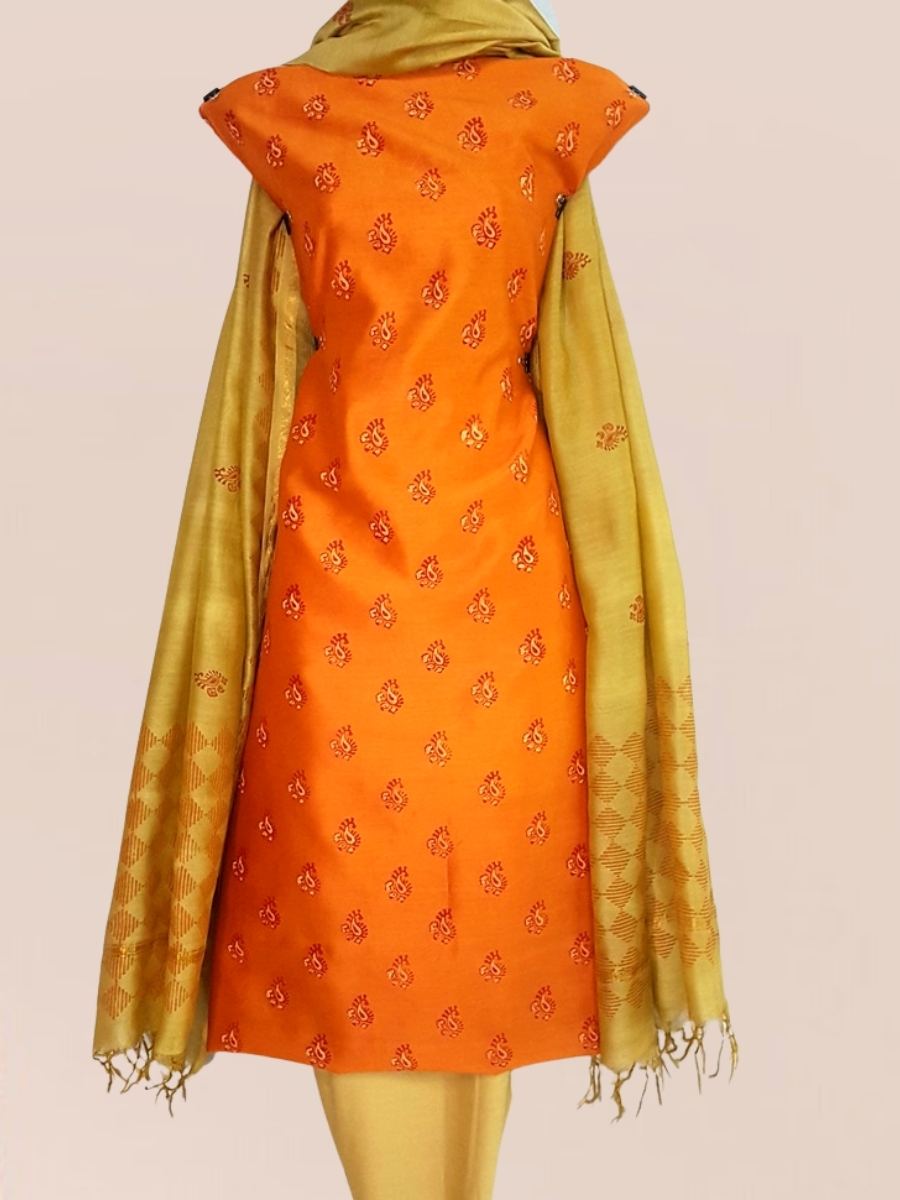 Block Printed Tussar Silk Suit with Chanderi Dupatta_Yellow