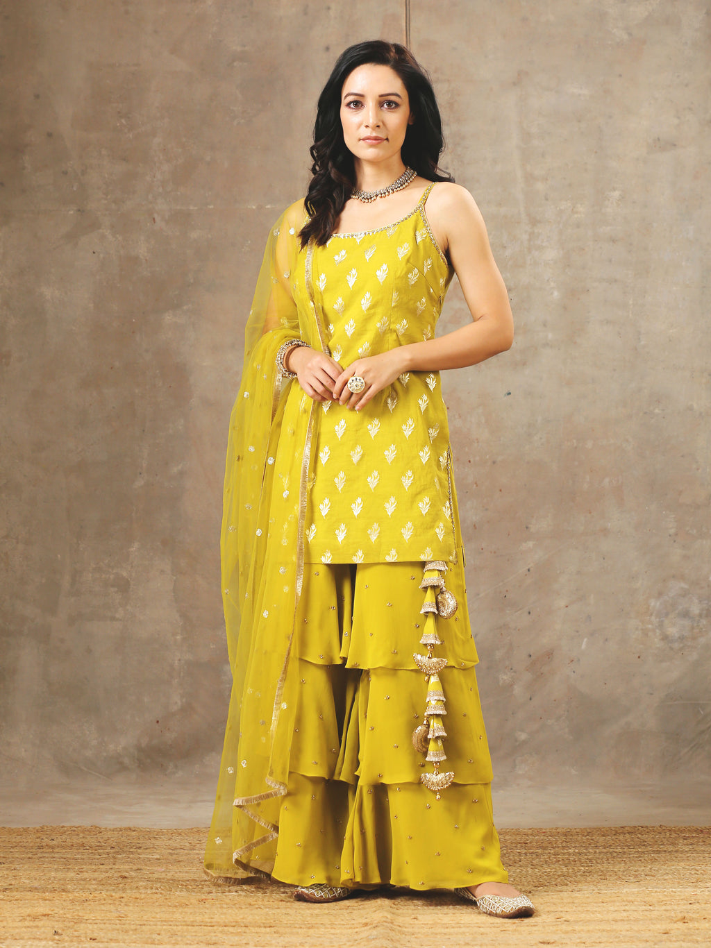 Embroidered Layered Sharara Set In Yellow