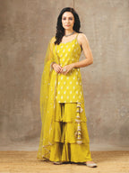 Embroidered Layered Sharara Set In Yellow