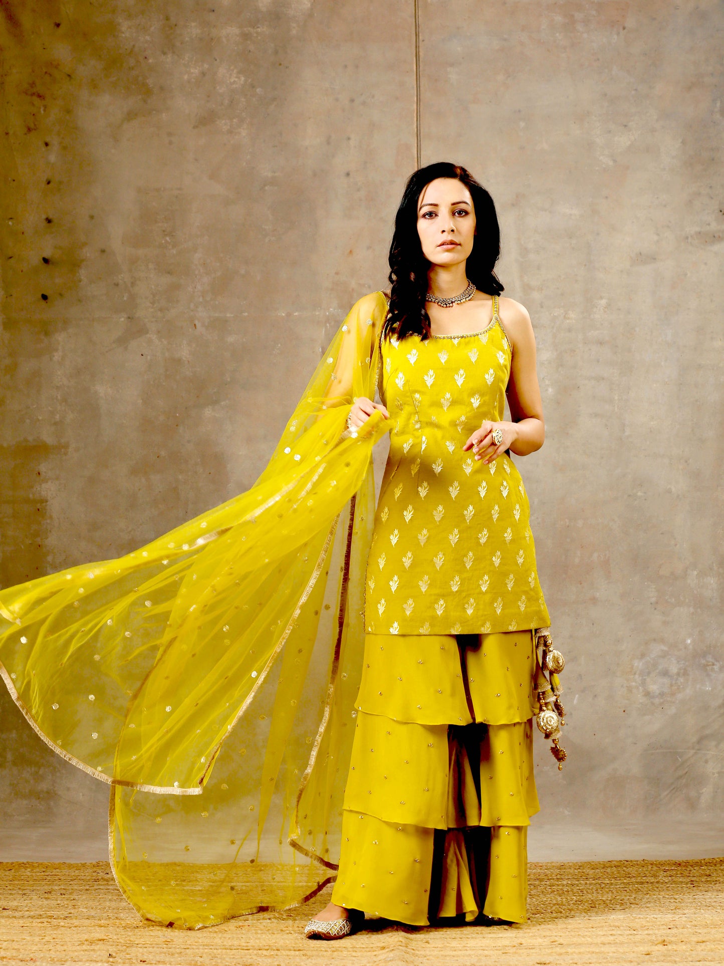 Embroidered Layered Sharara Set In Yellow