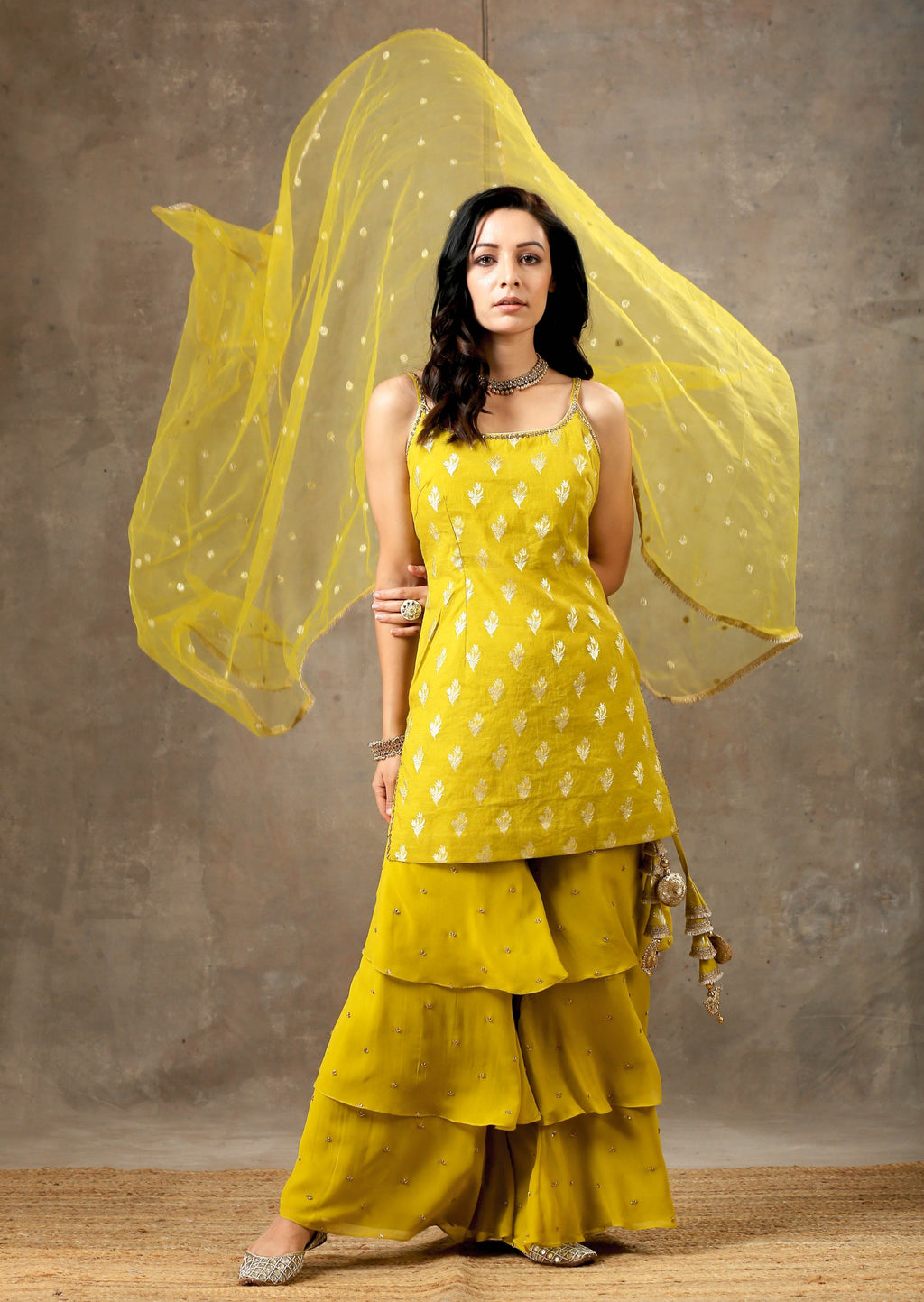 Embroidered Layered Sharara Set In Yellow