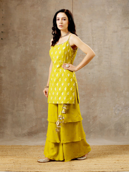 Embroidered Layered Sharara Set In Yellow