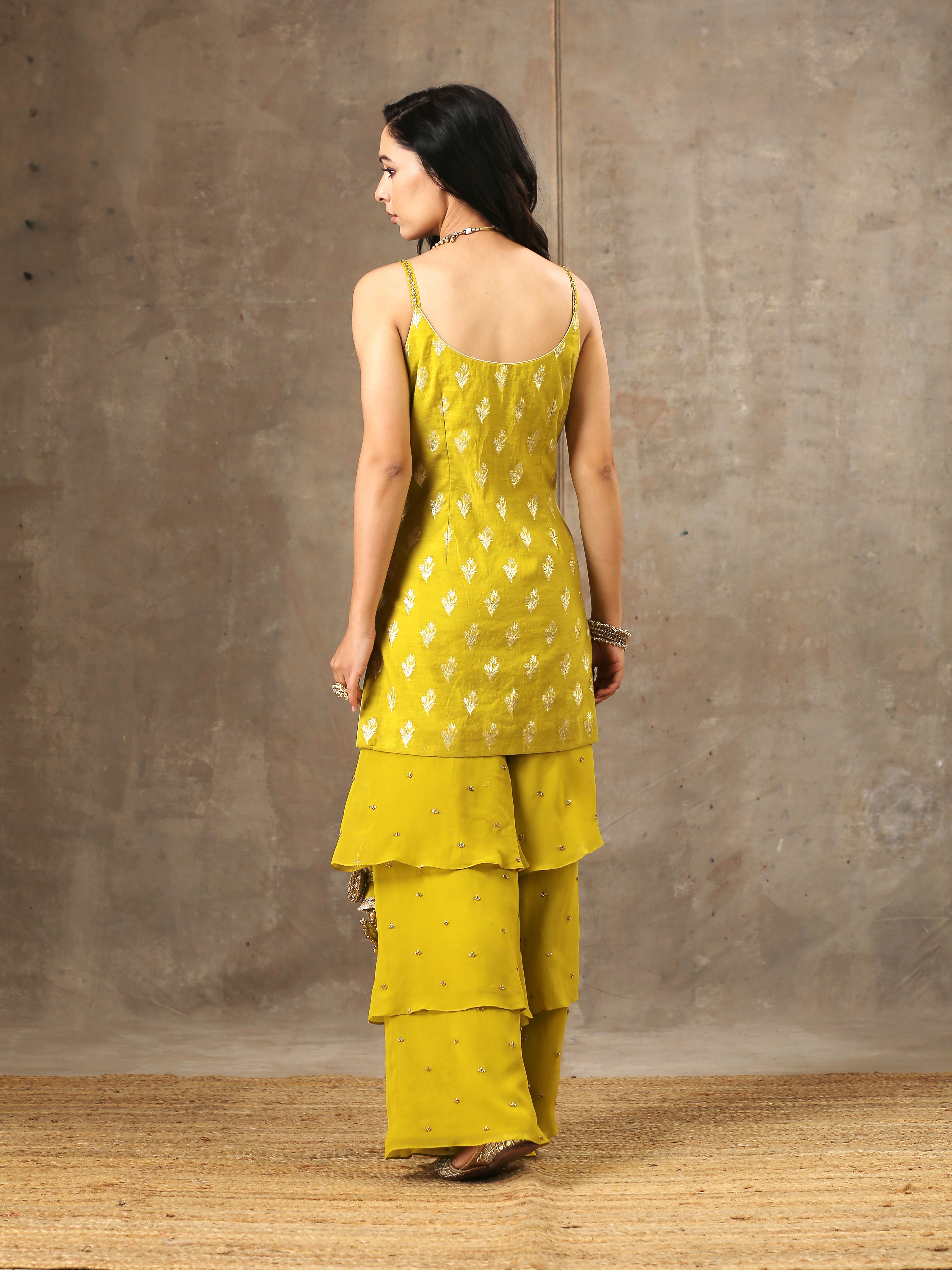 Embroidered Layered Sharara Set In Yellow