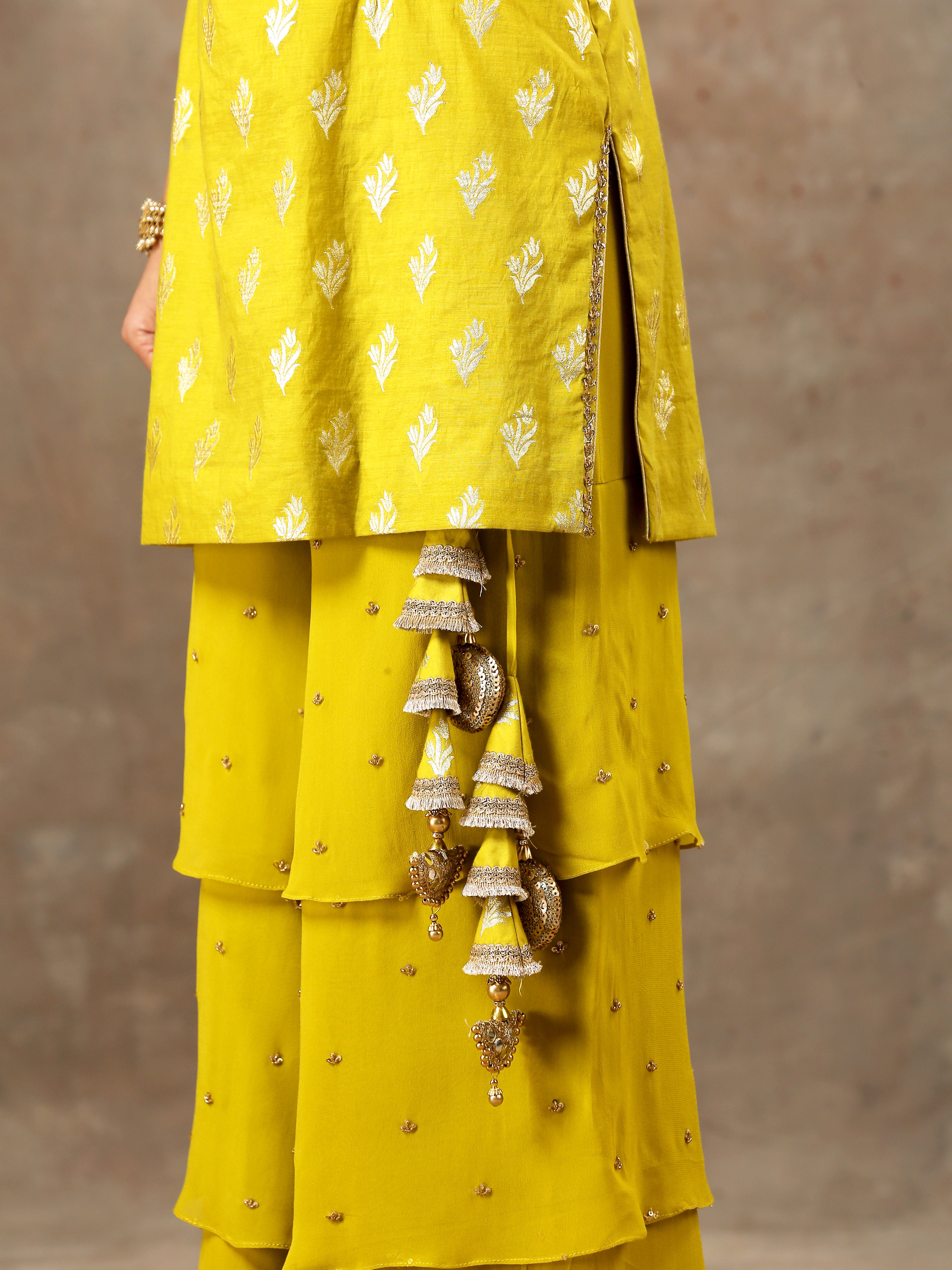 Embroidered Layered Sharara Set In Yellow