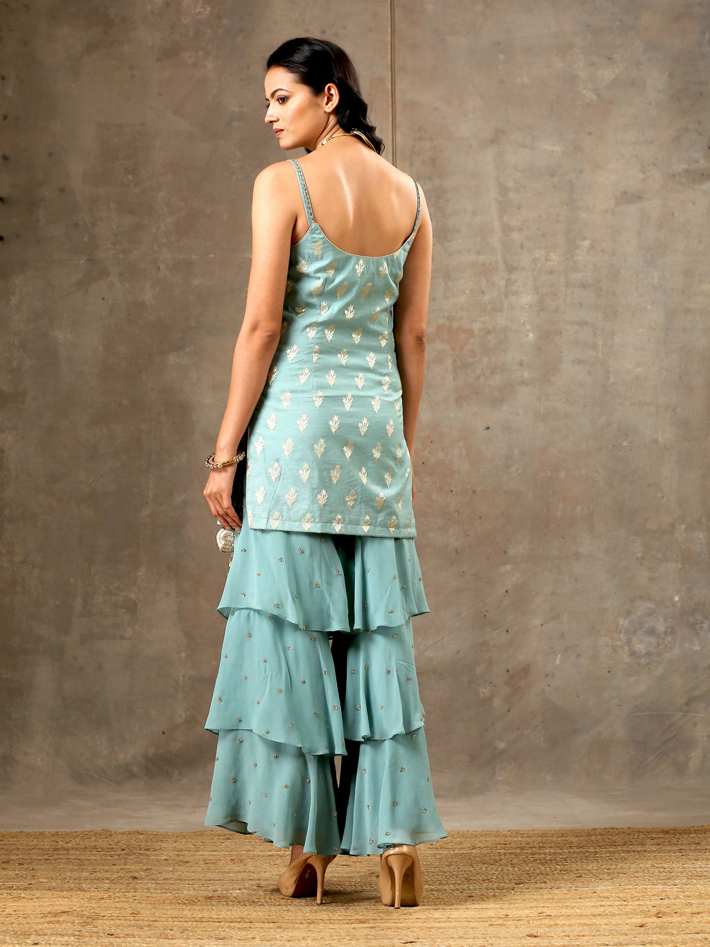 Embroidered Blue Top with Layered Gharara