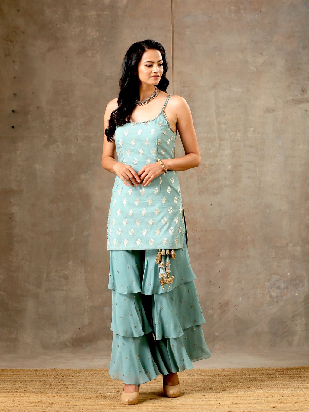 Embroidered Blue Top with Layered Gharara