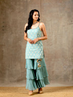Embroidered Blue Top with Layered Gharara