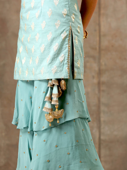 Embroidered Blue Top with Layered Gharara