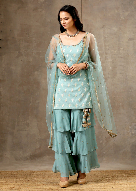 Embroidered Blue Top with Layered Gharara