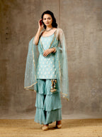 Embroidered Blue Top with Layered Gharara