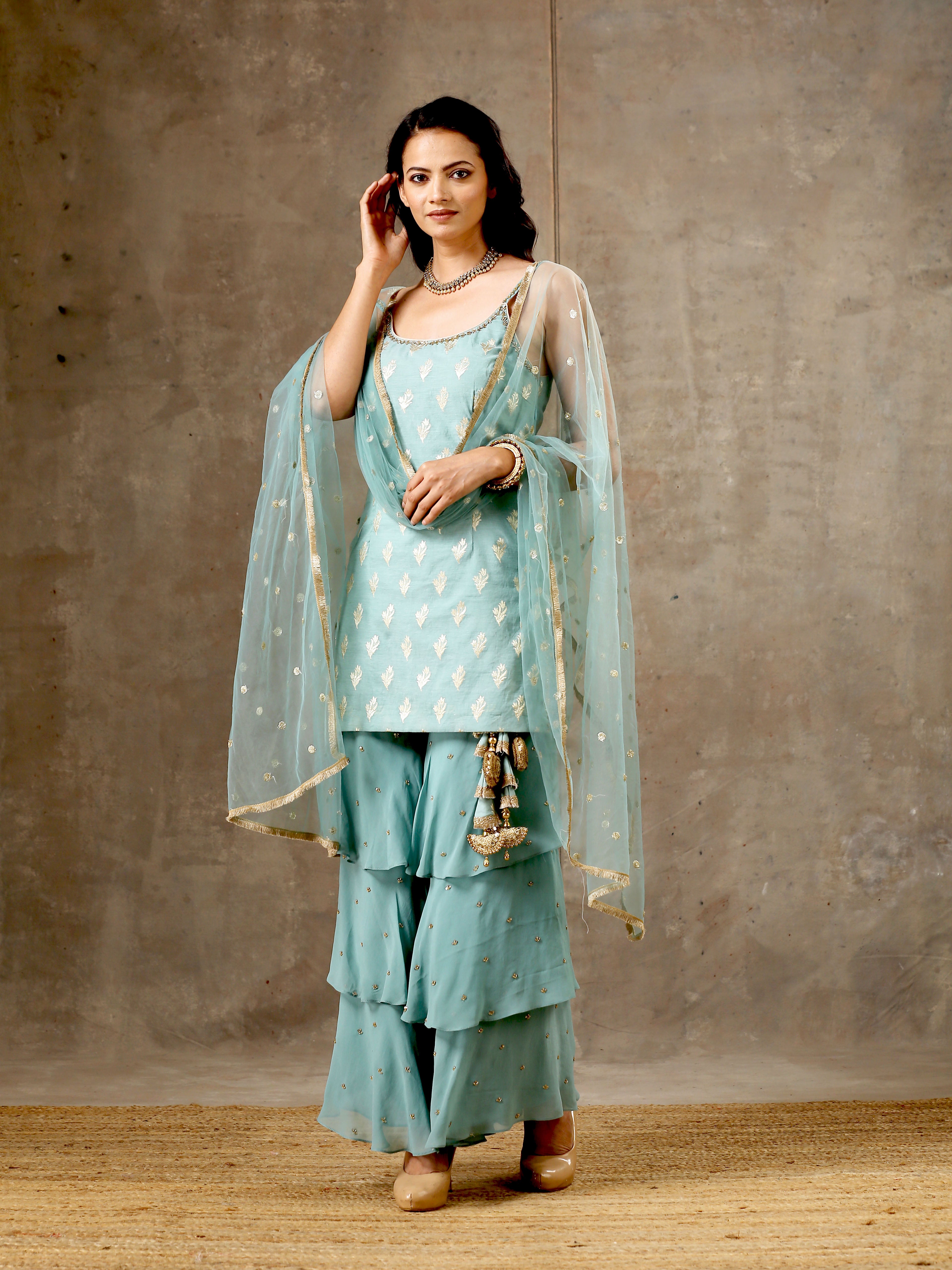 Embroidered Blue Top with Layered Gharara