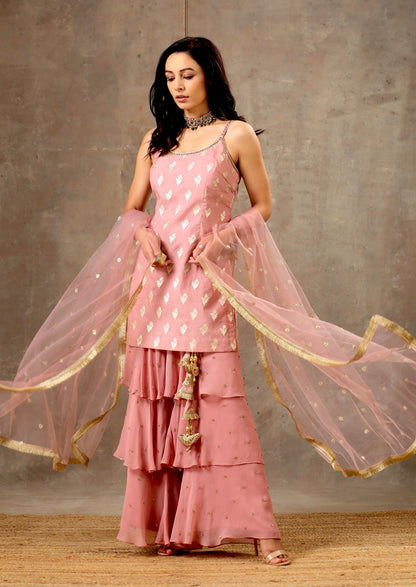 Embroidered Onion Pink Top with  Layered Gharara