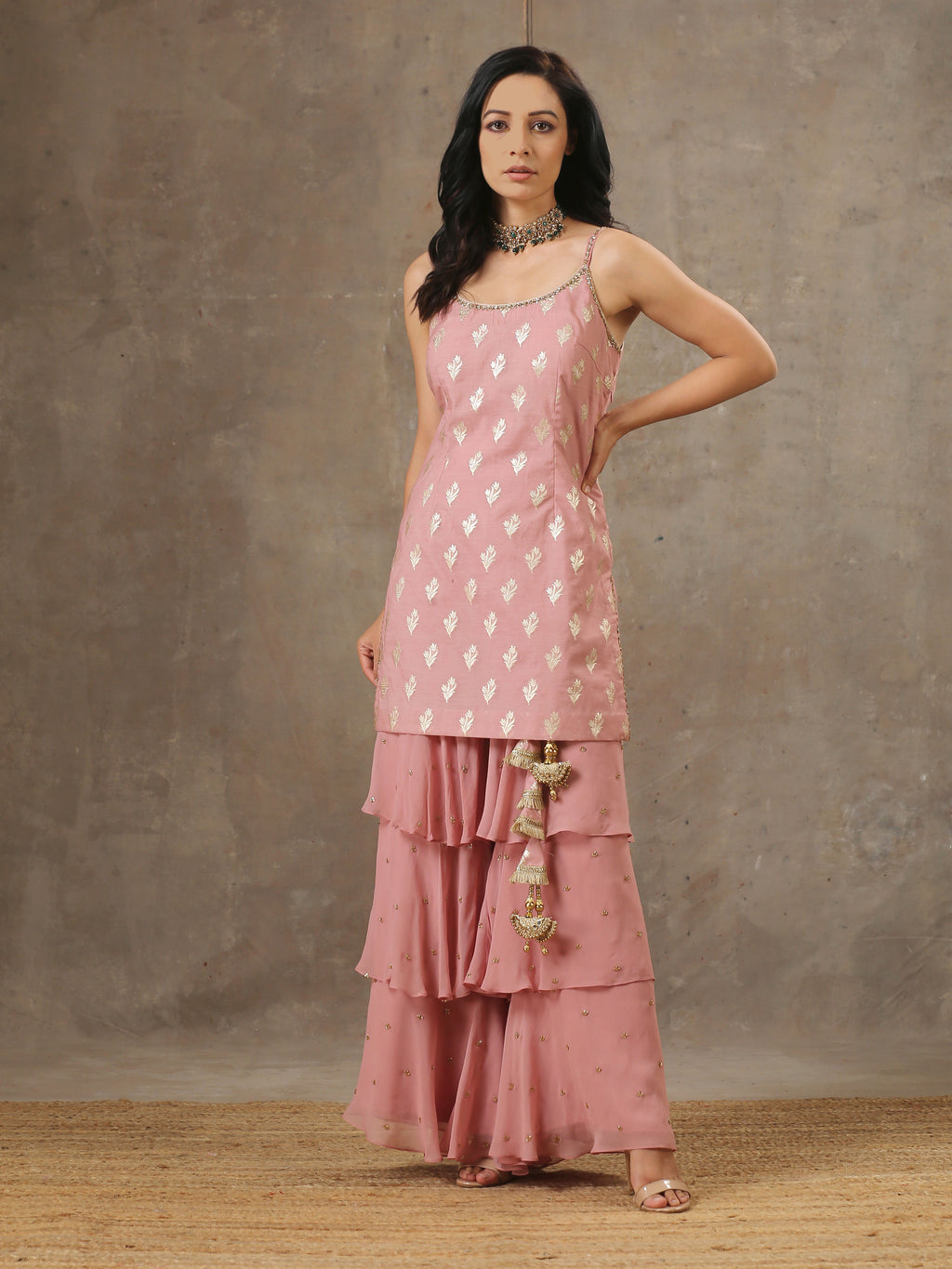 Embroidered Onion Pink Top with  Layered Gharara