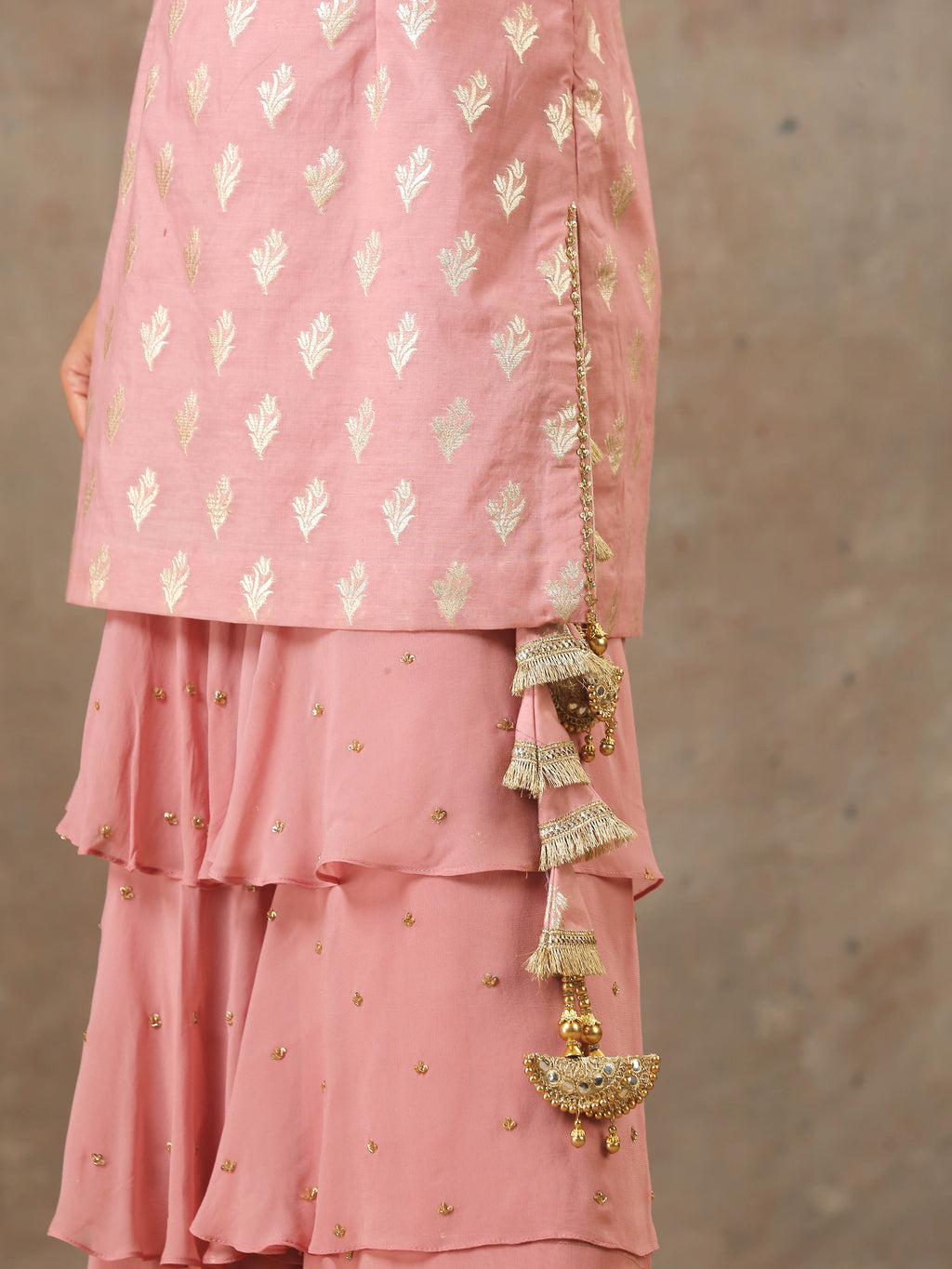 Embroidered Onion Pink Top with  Layered Gharara