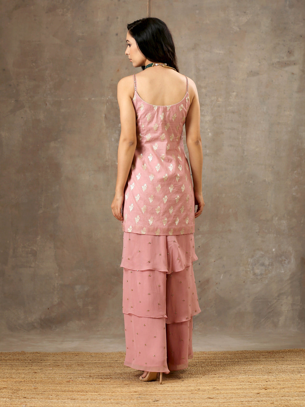 Embroidered Onion Pink Top with  Layered Gharara