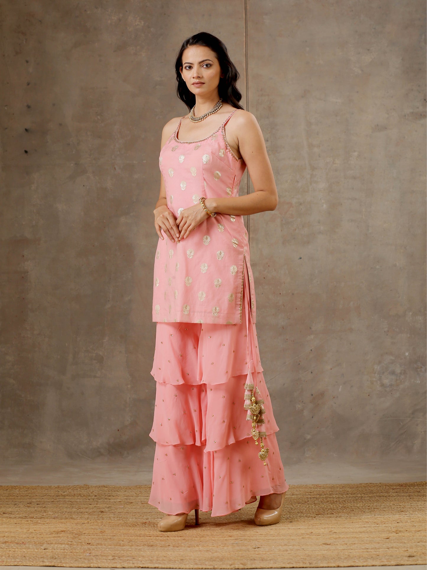 Embroidered Peach Pink Top with  Layered Gharara