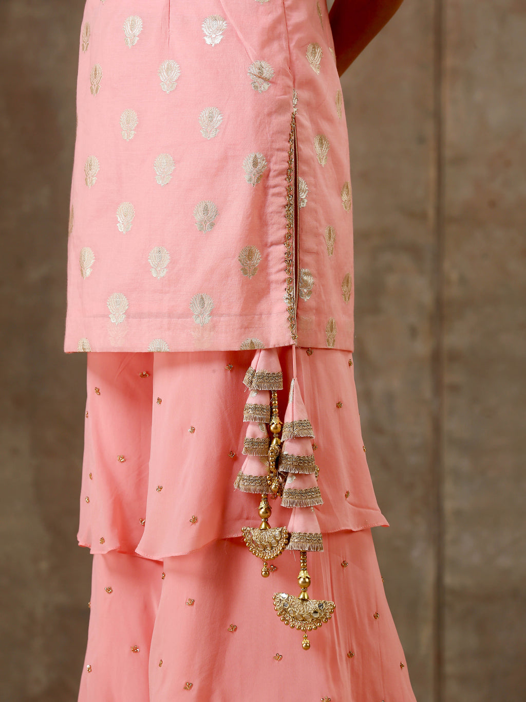 Embroidered Peach Pink Top with  Layered Gharara
