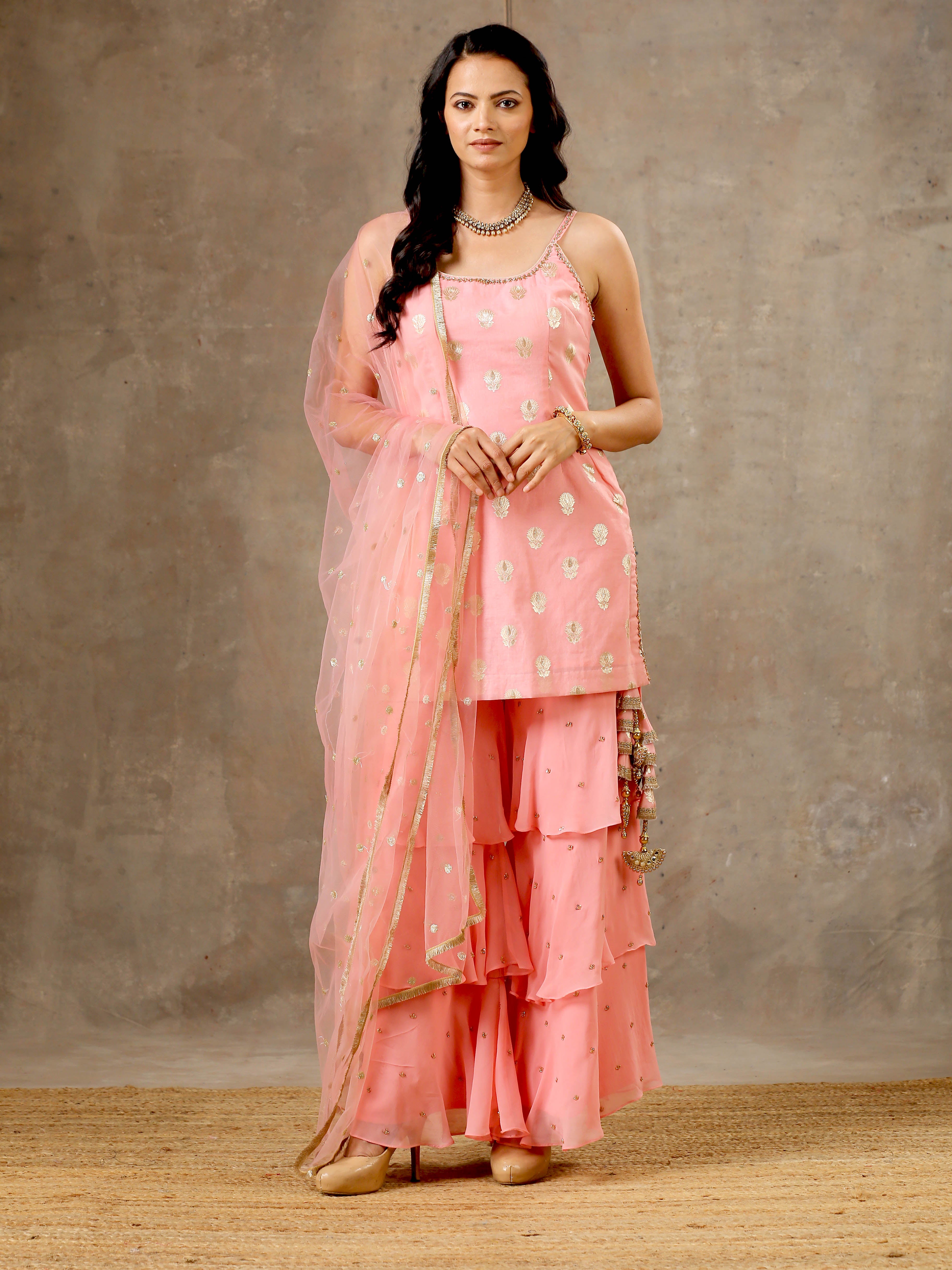 Embroidered Peach Pink Top with  Layered Gharara