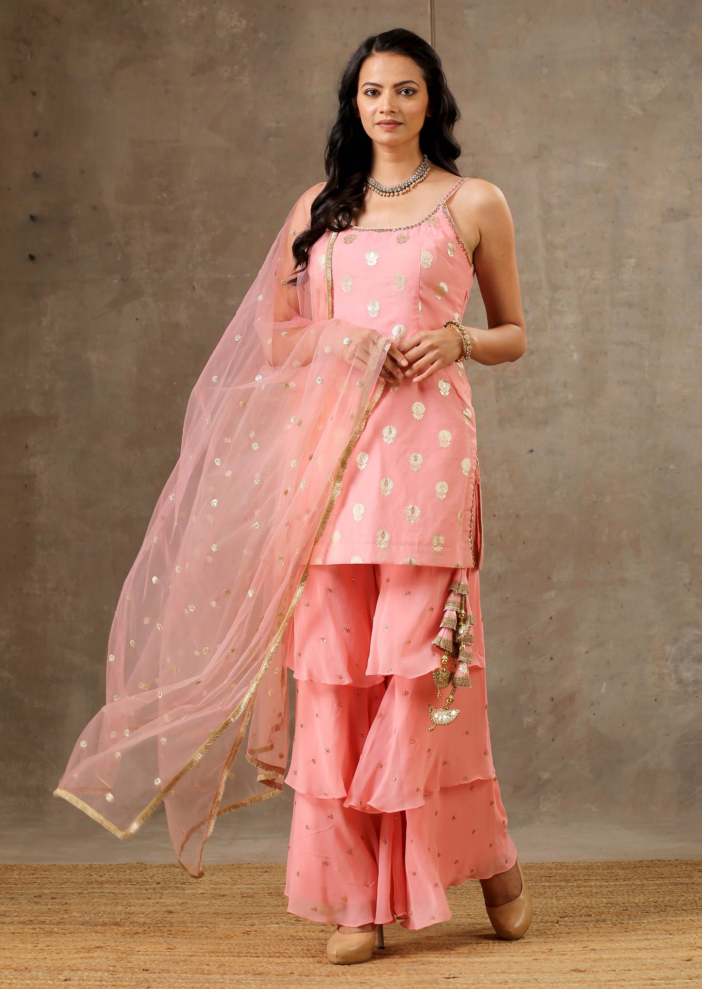 Embroidered Peach Pink Top with  Layered Gharara