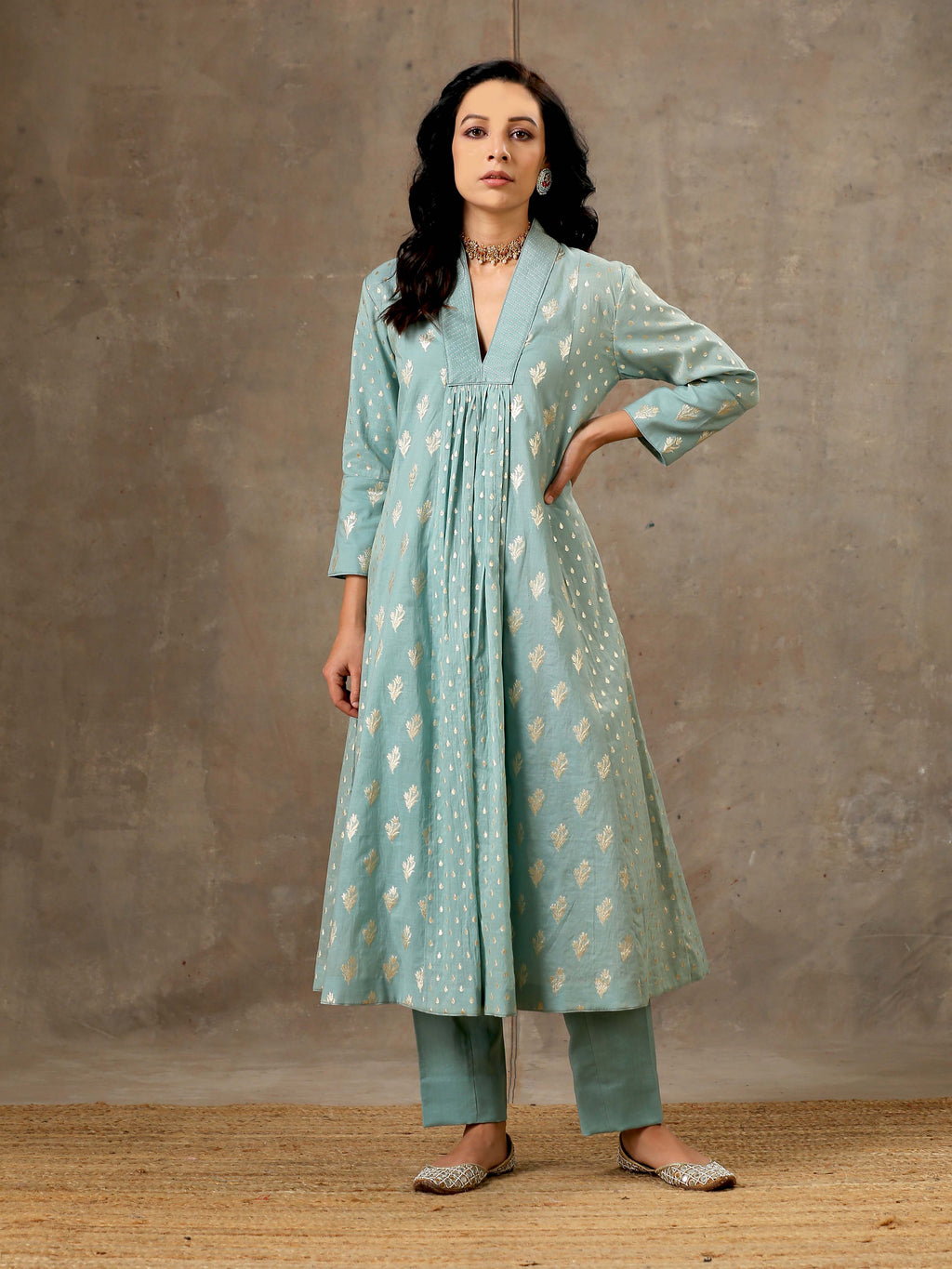 5 Kali Silk Chanderi Kurta Set in Aqua Blue