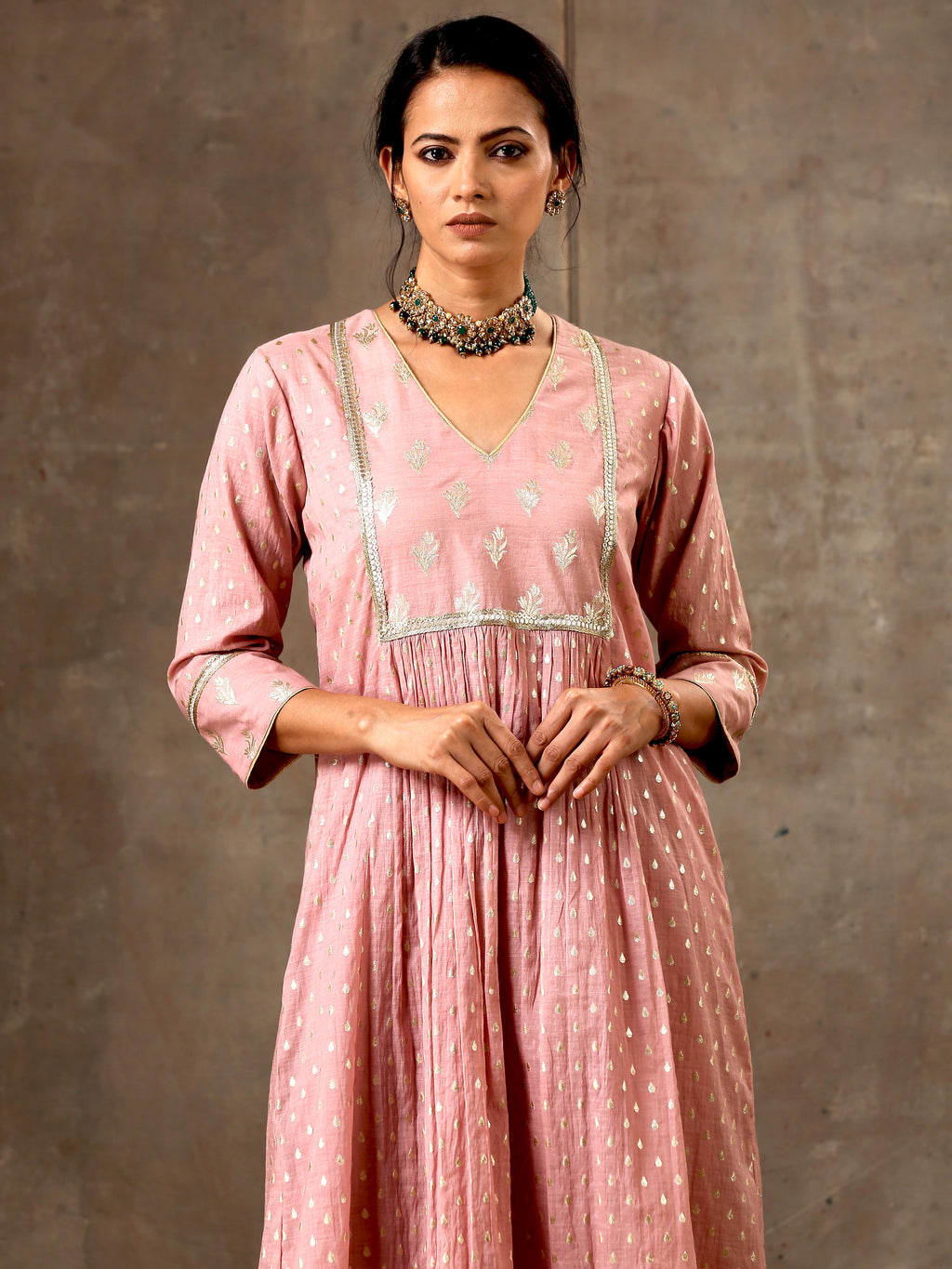 Chanderi Silk Yoke Kurta in Onion Pink Color