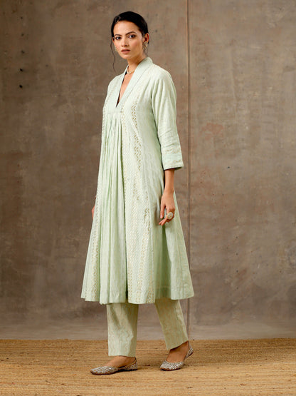 Woven Cotton Ensemble of 3 with Kota Dupatta - Pastel Green