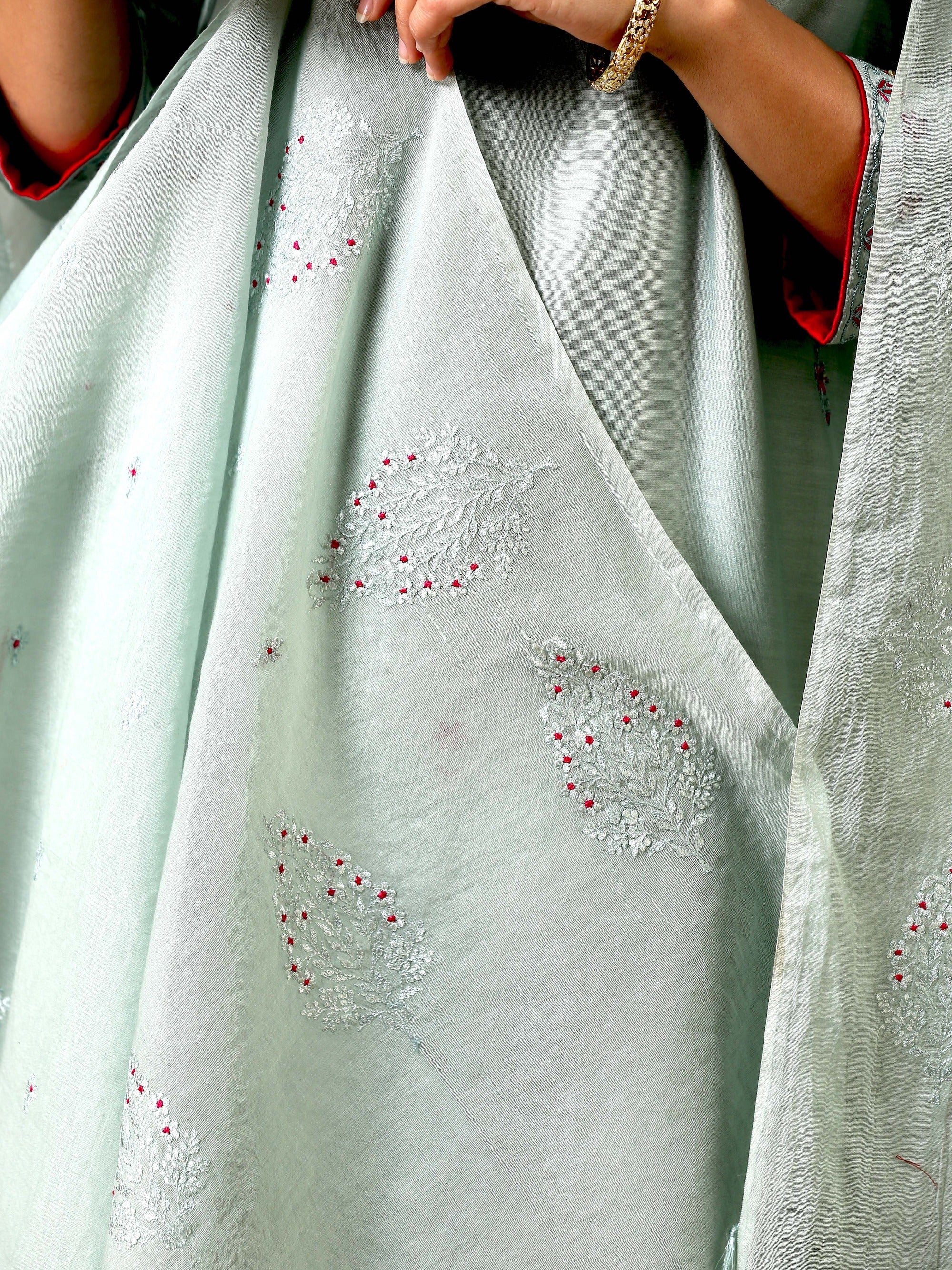Malhaar Chanderi Silk  Ensemble (Set of 3)- Sage Green
