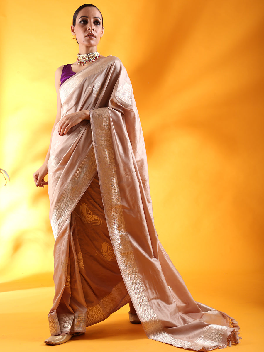 Beige Kataan Silk Saree with Beautiful Butterfly Motifs