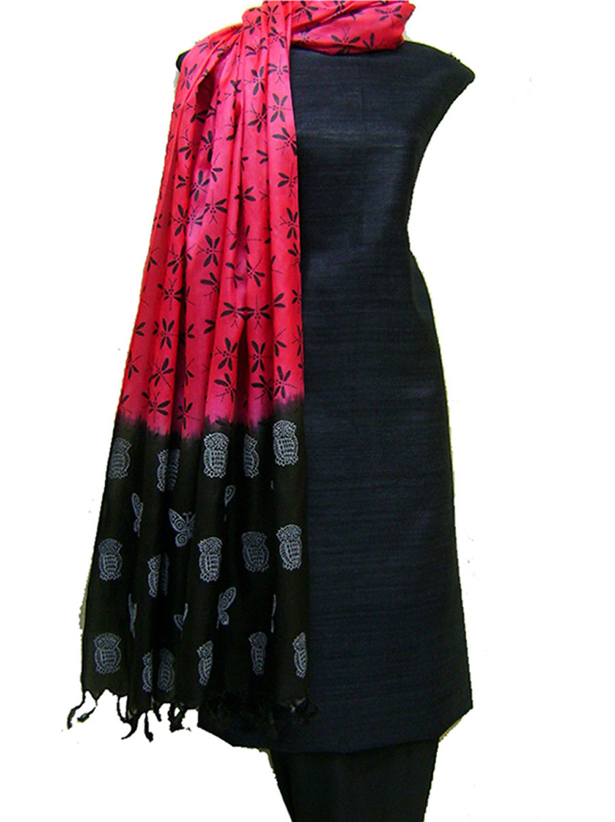 Block Printed Tussar Silk Ensemble in Black Pink Color
