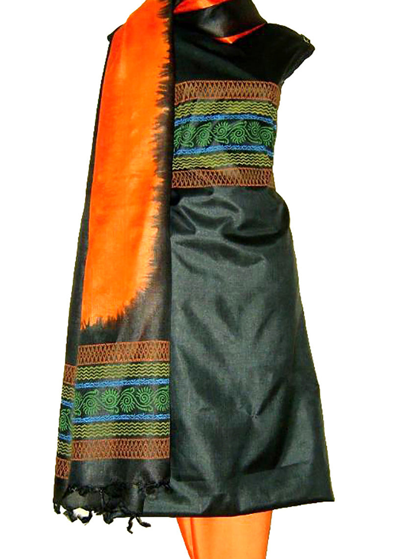 Black Hand Block Printed Tussar Silk Ensemble