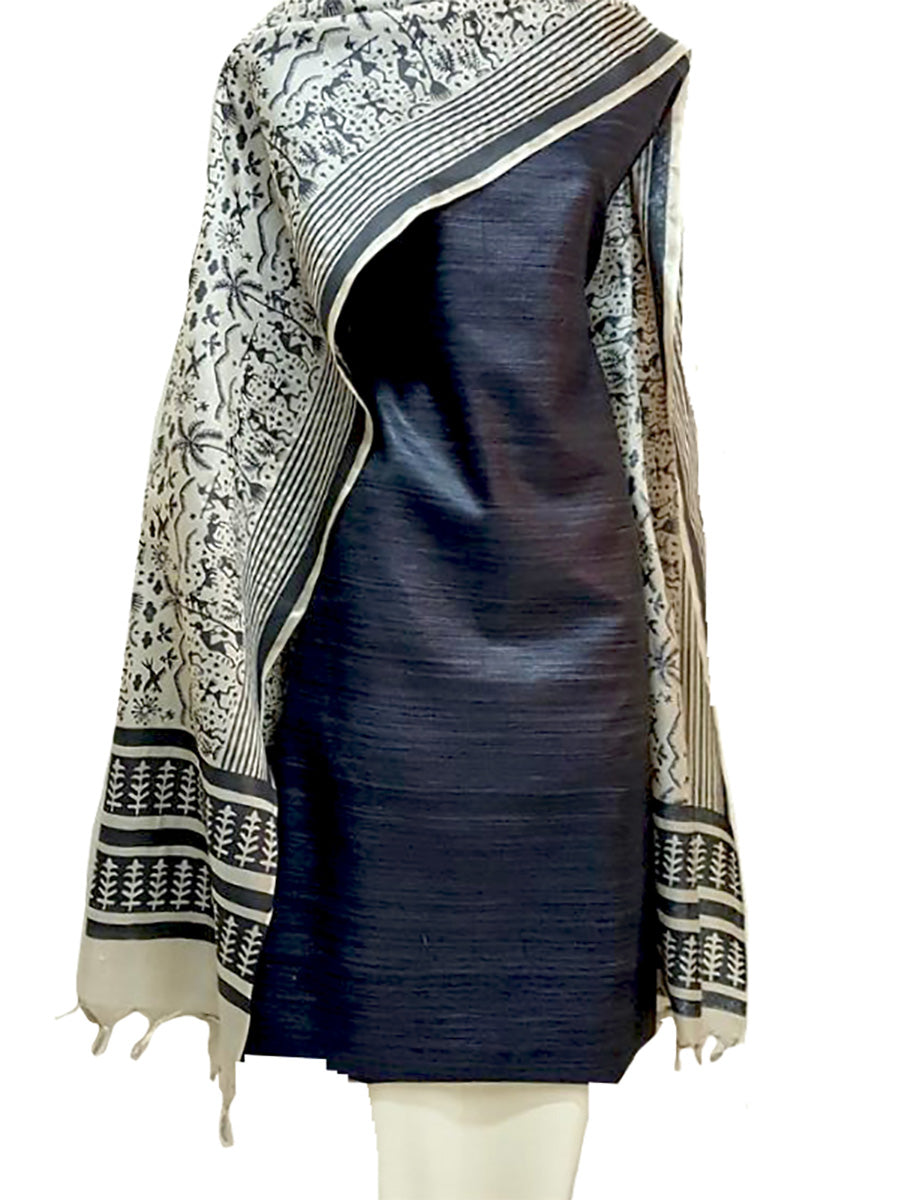 Black Hand Block Printed Tussar Silk Ensemble BBETU03