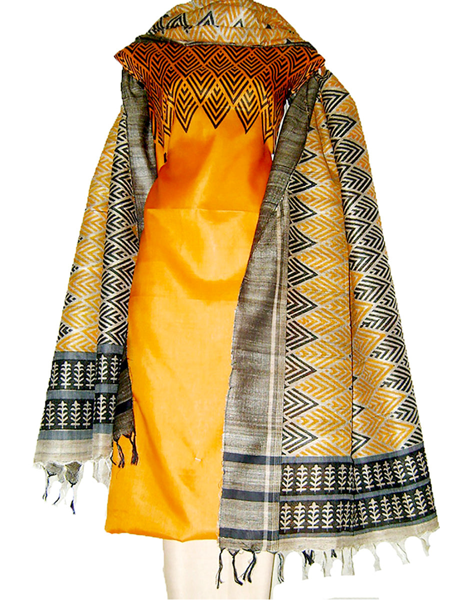 Block Printed Tussar Silk suit Ensemble in Orange Color 