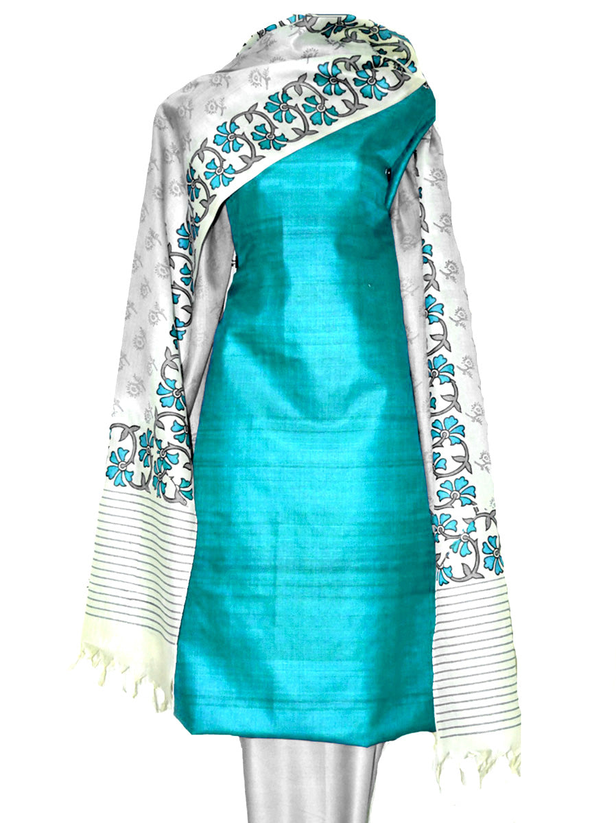 Block Printed Tussar Silk Ensemble in Turquoise Color 