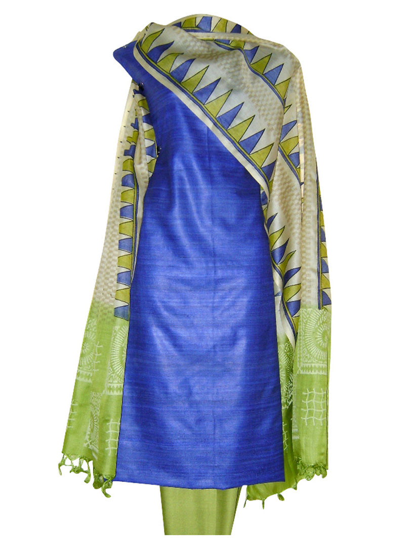 Block Printed Tussar Silk Suit in Blue Green Color