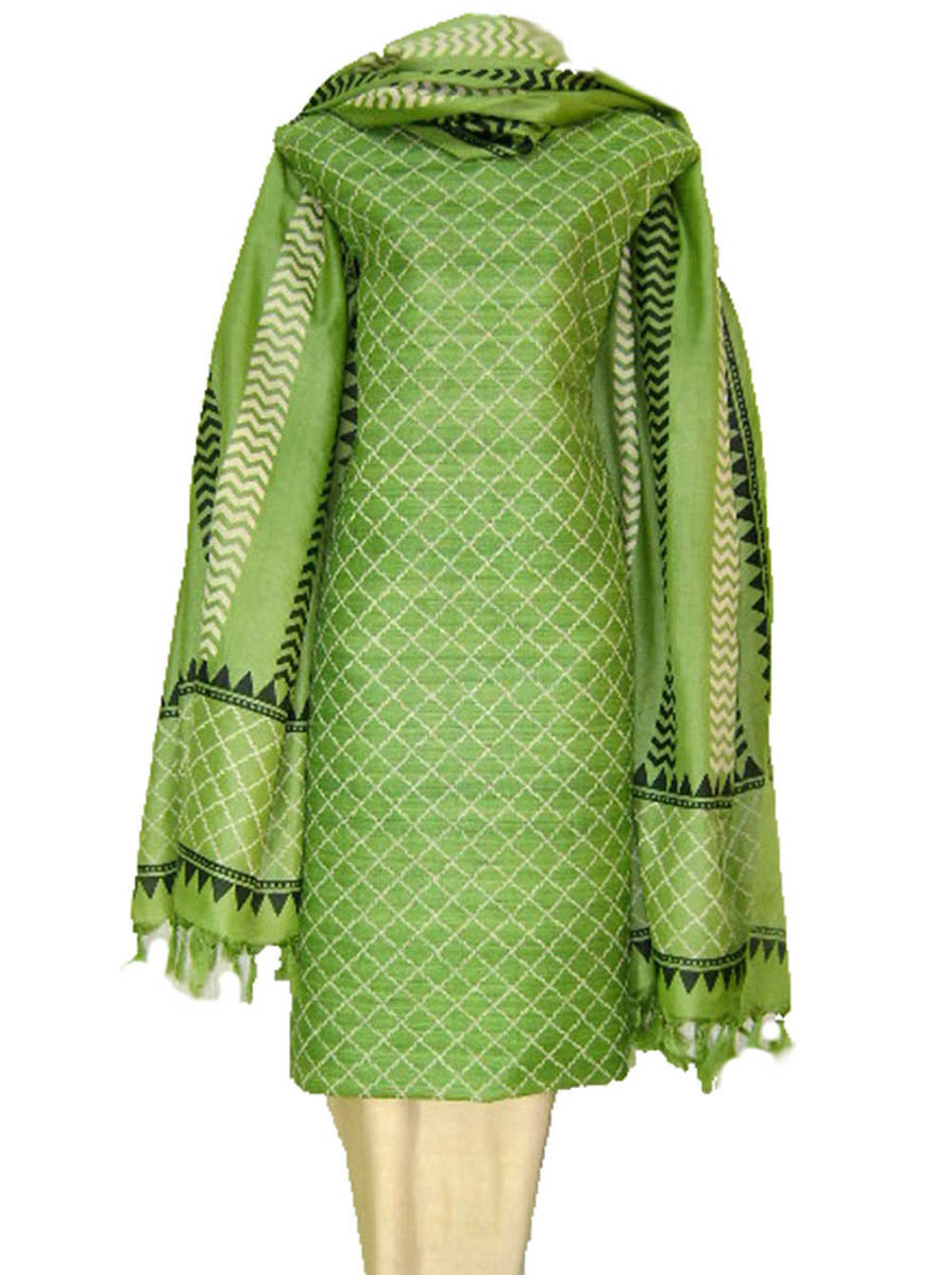 Block Printed Tussar Silk Ensemble in Green Color