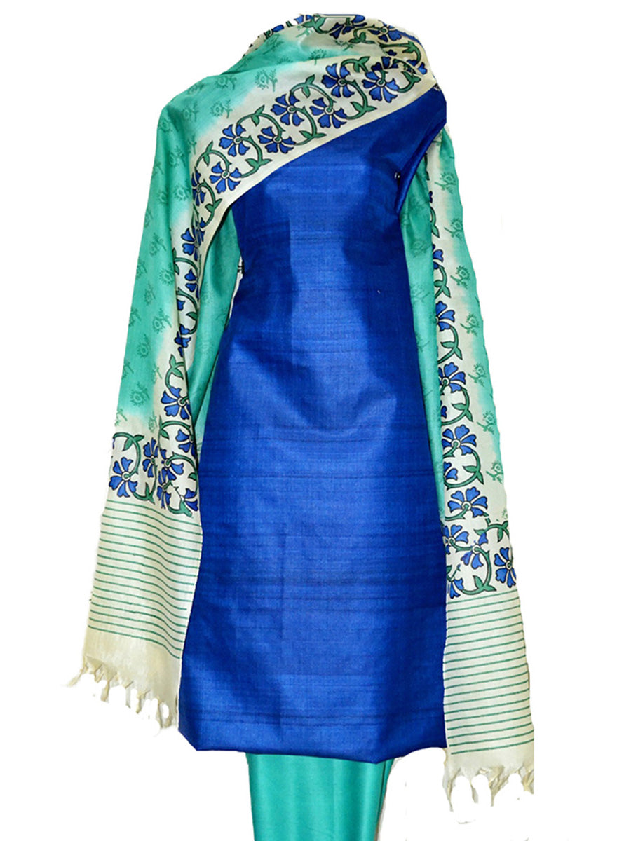 Block Printed Tussar Silk Suit in Blue Color BBETU024
