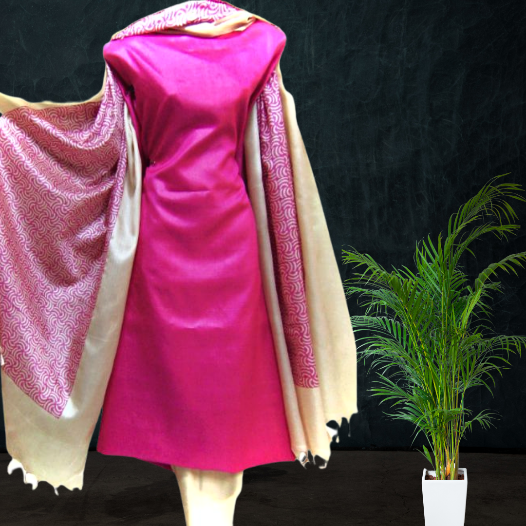 Block Printed Tussar Silk Suit in Pink