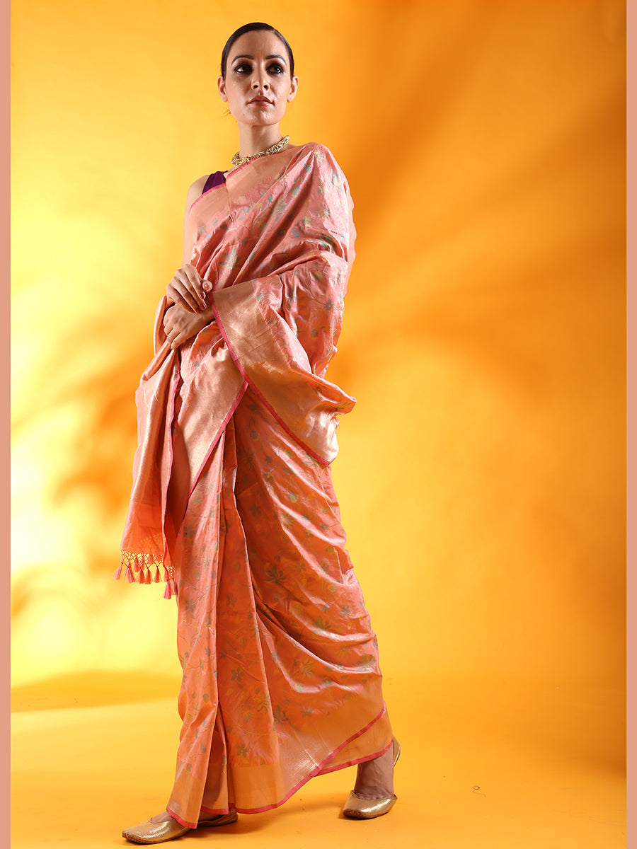 Nude Pink Pure Kataan Silk Saree with Meenakari Jaal