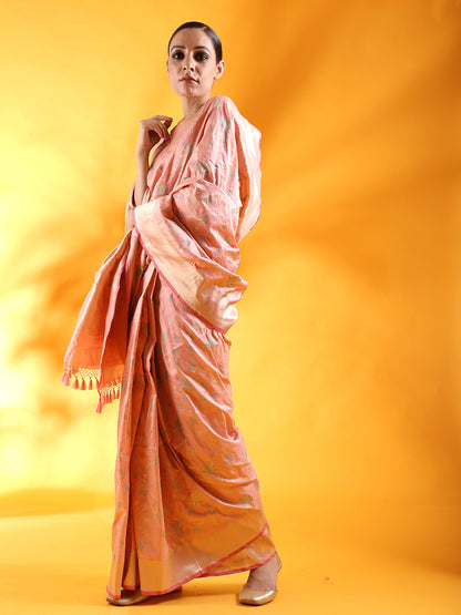 Nude Pink Pure Kataan Silk Saree with Meenakari Jaal