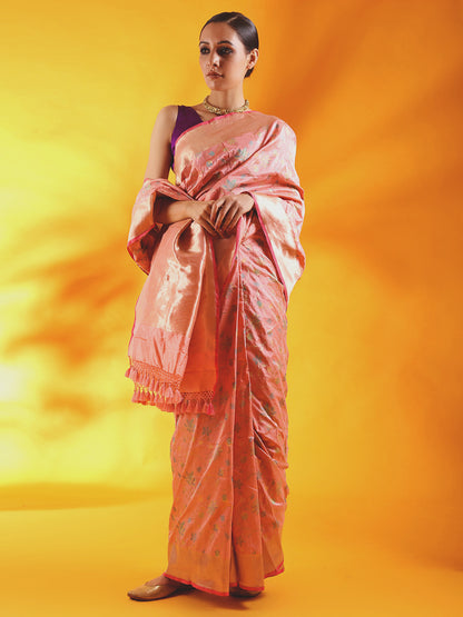 Nude Pink Pure Kataan Silk Saree with Meenakari Jaal