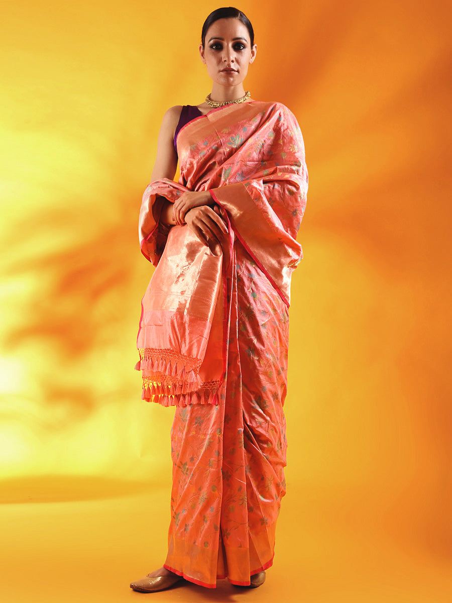 Nude Pink Pure Kataan Silk Saree with Meenakari Jaal