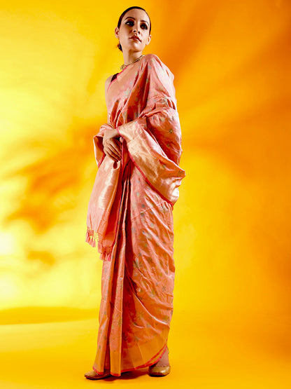 Nude Pink Pure Kataan Silk Saree with Meenakari Jaal