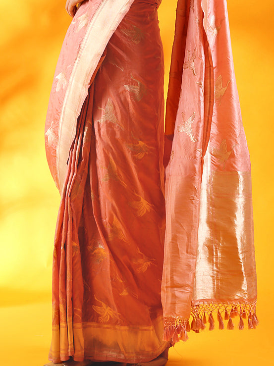 Pink Kataan Silk Saree with Crane Bird Motifs